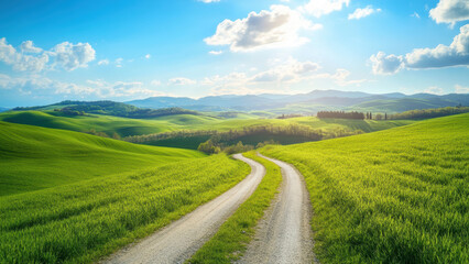 Obraz premium Winding road leading through rolling green hills under a blue sky with fluffy clouds.