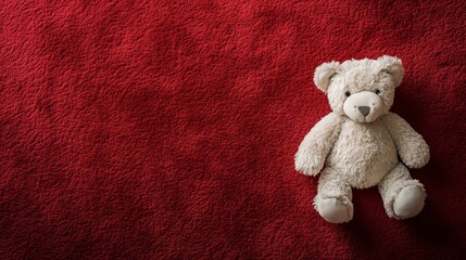 Above top view of deep red furry carpet with white plush teddy bear, perfect for kids birthday celebration, party, baby shower or newborn card