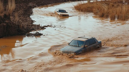 Four-wheel drive vehicles struggling in muddy floodwaters a tale of resilience and challenge