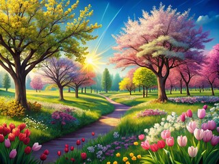 Colorful Landscape with Blooming Flowers and Tall Trees - Generative AI Illustration