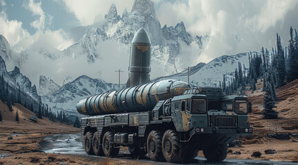 Obraz premium Military truck carrying nuclear missile on mountain.