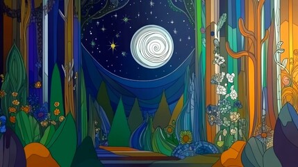 A whimsical illustration of an enchanted garden under the moonlight, filled with vibrant flowers and lush greenery, with distant mountains in soft focus. The sky is painted deep blue with stars twinkl