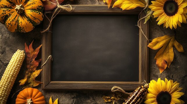 Dark gray slate background adorned with autumn decorations including vibrant sunflowers, pumpkins, and corn, creating a warm seasonal atmosphere. In the center, an empty wooden frame is perfectly posi