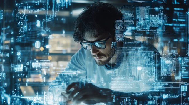 An engineer working on embedded systems programming, with microchips, circuit boards, and code being developed for smart devices