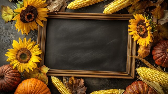 Dark gray slate background adorned with autumn decorations including vibrant sunflowers, pumpkins, and corn, creating a warm seasonal atmosphere. In the center, an empty wooden frame is perfectly posi