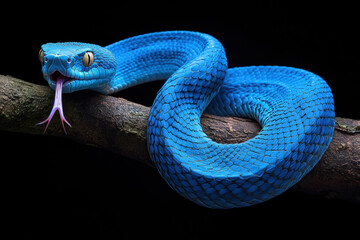 Fototapeta premium This vibrant image showcases a blue viper with its forked tongue out. Perfect for designs related to nature, reptiles, or danger.