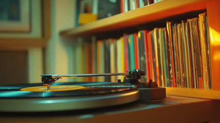 Close-up of a record player needle gently touching the vinyl, surrounded by colorful album covers stacked on a wooden shelf, creating a nostalgic atmosphere
