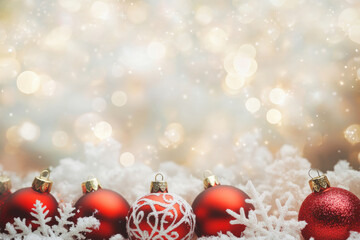 Festive red ornaments adorned with snowflakes rest in the snow, evoking a sense of winter wonderland magic.