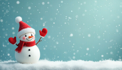 Fototapeta premium A snowman wearing a Santa hat and scarf stands in the snow