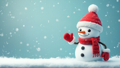 Fototapeta premium A snowman wearing a red hat and scarf standing in the snow