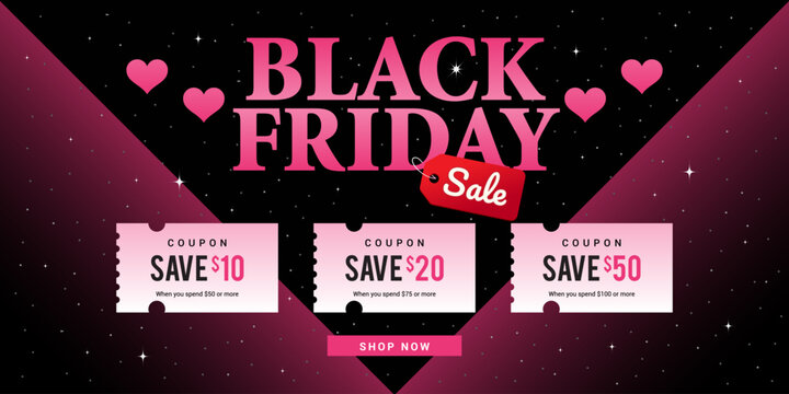 Black Friday Sale Coupon discount on starry background vector illustration. black and pink theme