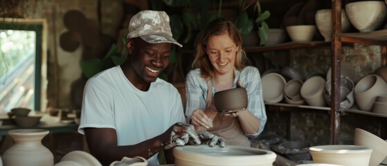Two potters share laughter while creating clay pottery, capturing the joy of artistry and the companionship found in shared creative pursuits.