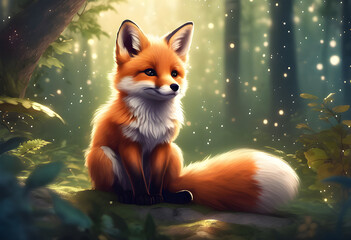 Fototapeta premium Adorable Red Fox Sitting in Enchanted Forest