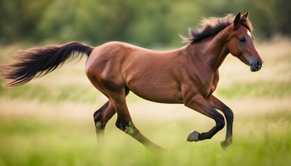 Obraz premium Bay Horse Running Through Green Grass Field