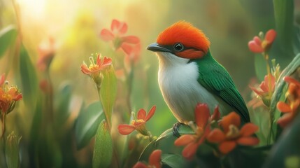 Vibrant Green and Red Bird Perched on a Leaf Amidst Flowers
