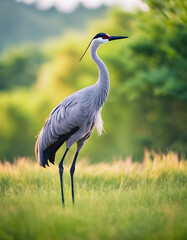 Naklejka premium Grey Crowned Crane Standing in Grass - Wildlife Photography