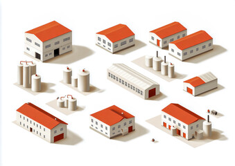 Factory buildings with red roofs and white pipes, vector style illustration, flat design, white background.