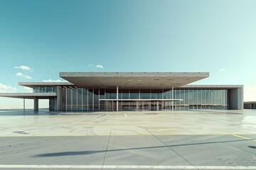 Large modern airport terminal building with concrete facade and glass windows