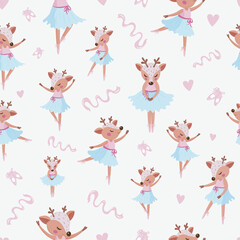 A seamless pattern with a ballet dancing deer girl, a cute girly ballet background in pastel colors, a kid character in various ballet postures, a deer ballerina wearing a tutu, pink ballet slippers 