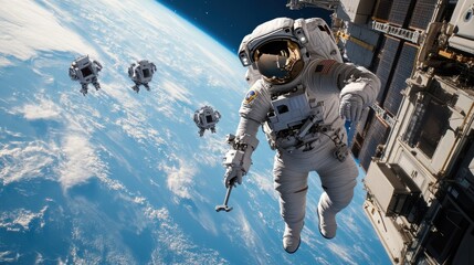 Astronaut Floating in Space Near Space Station