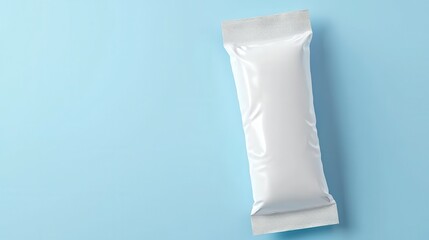 Shows a white candy bar with a bright blue background. The aluminium foil packaging is simple with no pattern and the candy bar is laid flat