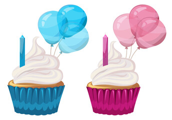 Cupcakes with cream, air balloons and candle. Muffin. Sticker. Flat style. Gender party. Birthday, holiday, congratulations, concept of invitation. Vector illustration for banner, postcard