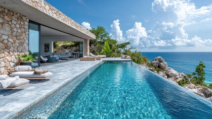 Fototapeta premium Modern villa with infinity pool overlooking the ocean.