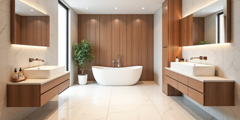 stylish chic bathroom with wooden elements