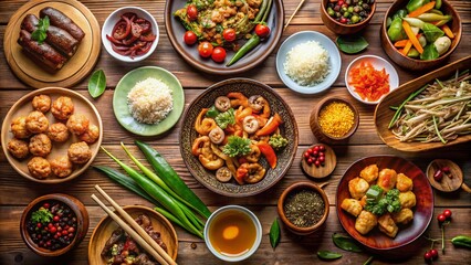 Course Meal Concept Chinese Home Cooking with Fried Meat and Shrimp in Candid Photography