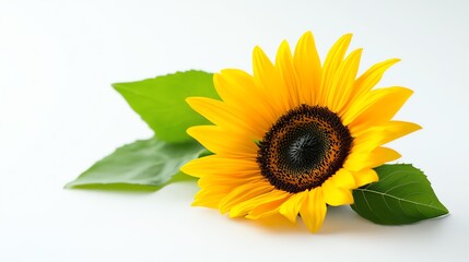 Obraz premium Single sunflower with green leaves isolated on white background.