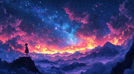 Silhouette of a girl on a mountain peak under a starry sky with pink and purple clouds.