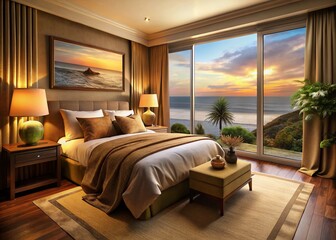 Cozy Bedroom with Ocean View - Warm Earthy Tones and Plush Bedding for Relaxation