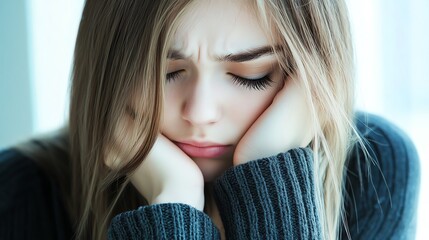 A young woman with her head in her hands, looking down with a sad expression.