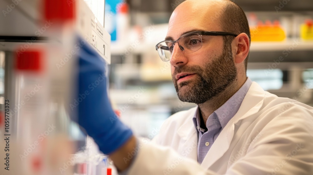 Poster A scientist in a lab coat and gloves examining a sample in a lab