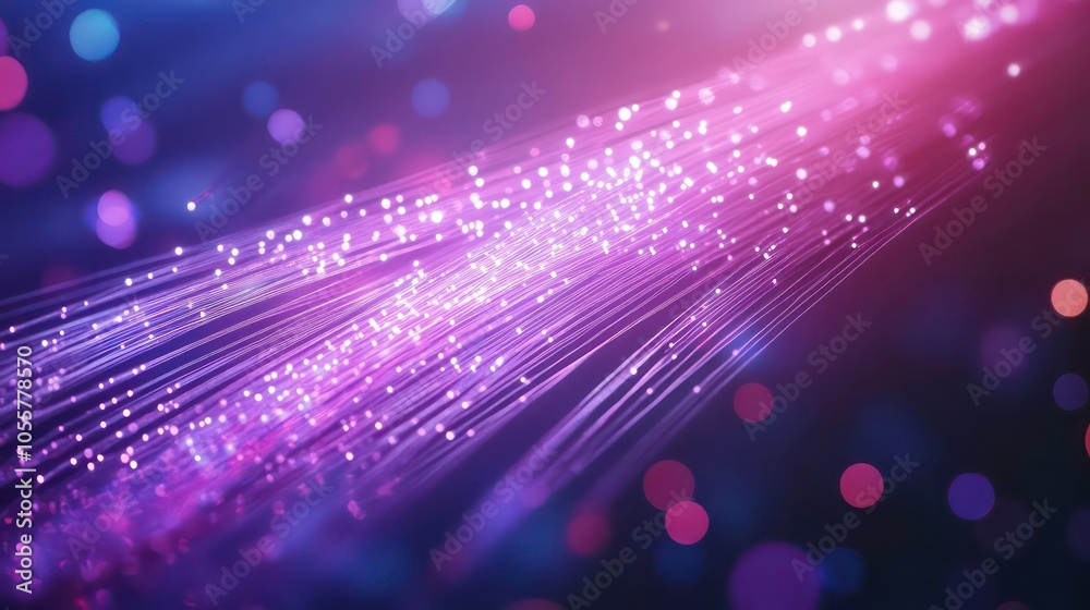 Poster abstract digital illustration of glowing fibers and particles in a purple gradient.