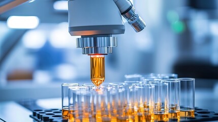 Robotic arm dispensing liquid into test tubes in a laboratory setting