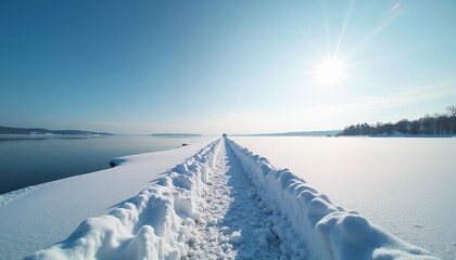 Obraz premium Snow-covered pathway leading to a frozen lake under a bright sun and clear blue sky 