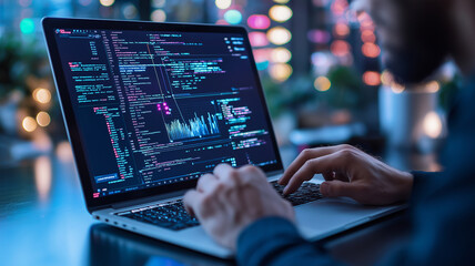 person coding on laptop with colorful data visualizations displayed