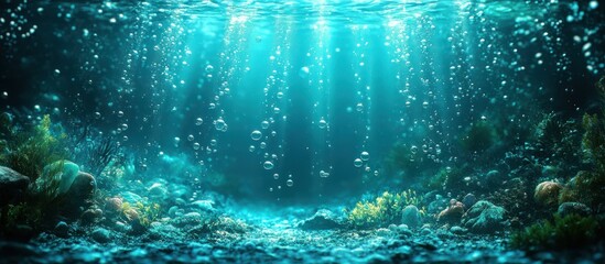 Fototapeta premium Underwater scene with sunlight rays, bubbles and coral reef.