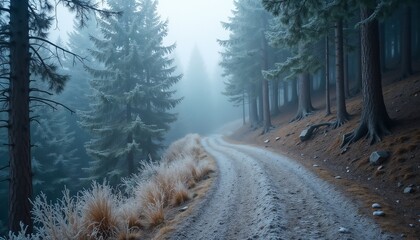 Misty forest path winding through tall evergreen trees with soft ground in a tranquil setting

