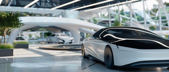 Obraz premium A sleek, futuristic white car gleams under the modern showroom lights, embodying innovation and cutting-edge technology.