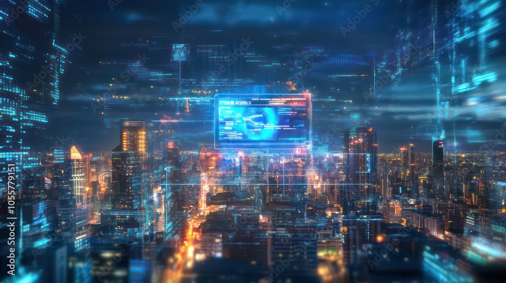 Poster Futuristic cityscape with digital overlays and data interfaces.