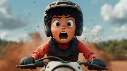 Excited Character Riding Dirt Bike Performing Wheelie