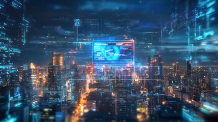 Futuristic cityscape with digital overlays and data interfaces.