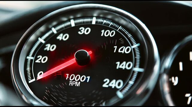 Close-up of a car tachometer with illuminated needle at high RPM