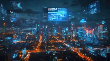 A futuristic cityscape with digital data overlays and glowing interfaces.