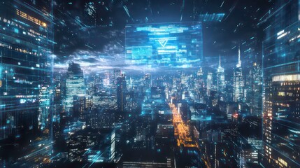 A futuristic cityscape with digital overlays and a sense of motion.