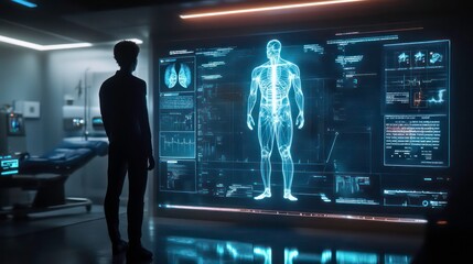 A silhouette examines a holographic human anatomy display in a futuristic medical environment.