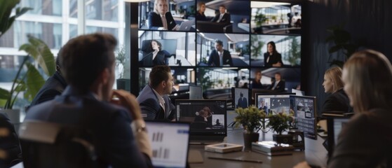 Fototapeta premium A modern conference room scene shows a group engaged in a virtual meeting, their focused faces lit by screens as digital images display colleagues across the globe.