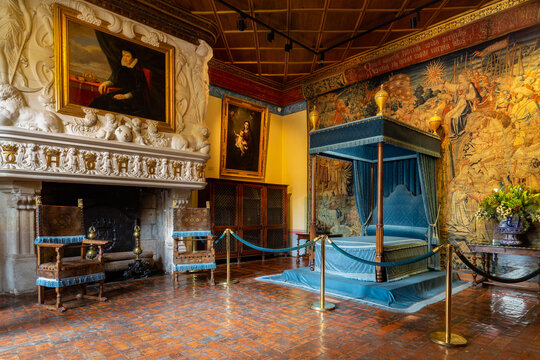 Chenonceaux, France - October 17, 2019: Interior of the royal bedroom in Chateau de Chenonceaux. Loire Valley. France.